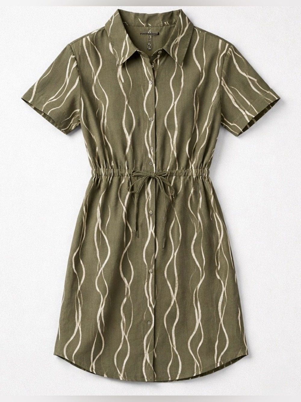 Halston Heritage Olive Green Shirt Dress with Cream Wave Print